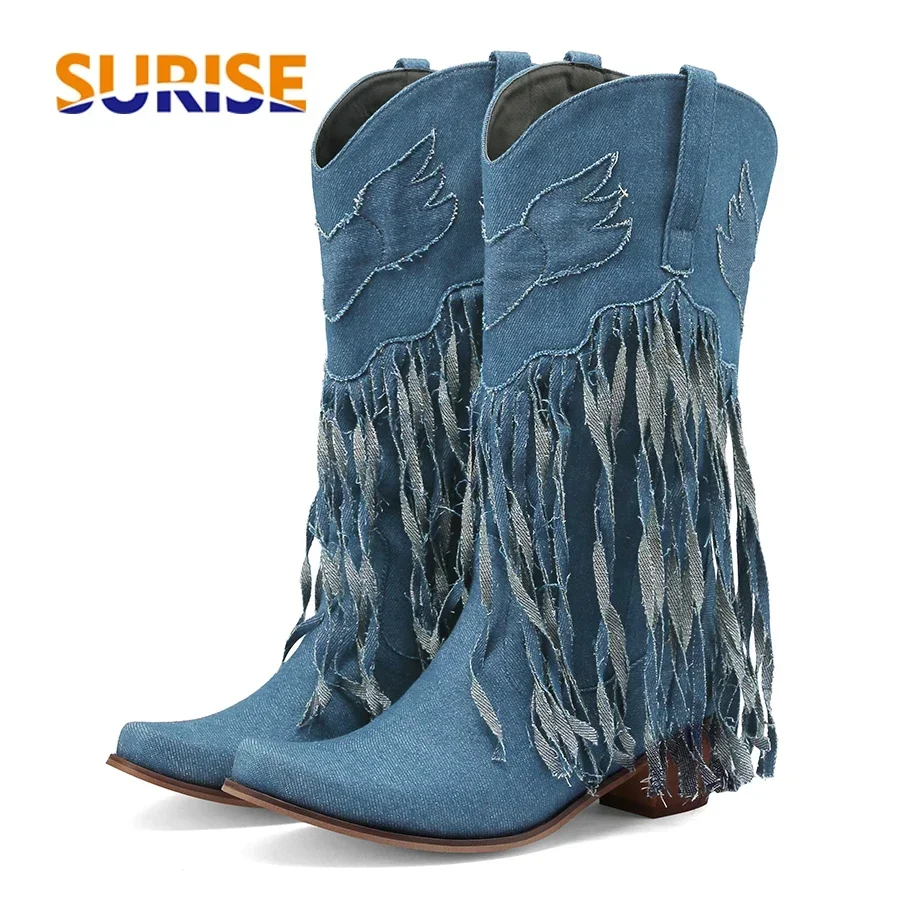 Western Cowgirl Boot - Winter Western Women Mid-calf Boots Cowboy
