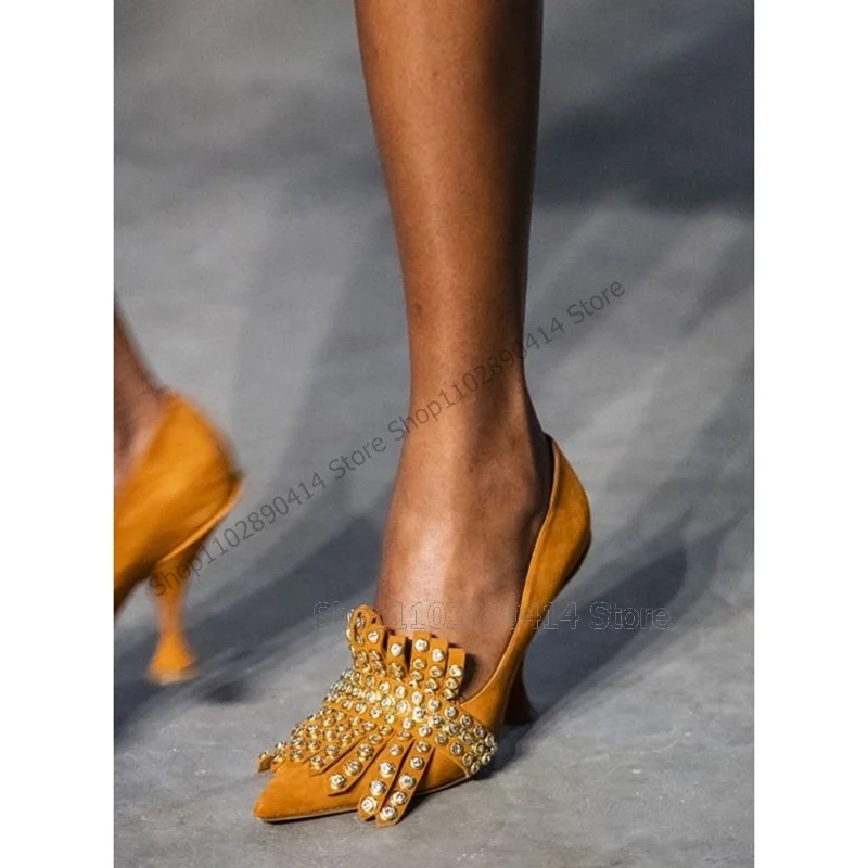 Women'S Shoes Yellow - Yellow Rivets Tassels Decor Pointed Toe