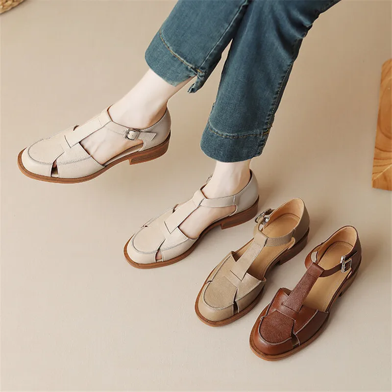 Women Shoes Formal - 2023 Summer Sandals Cowhide Round Toe