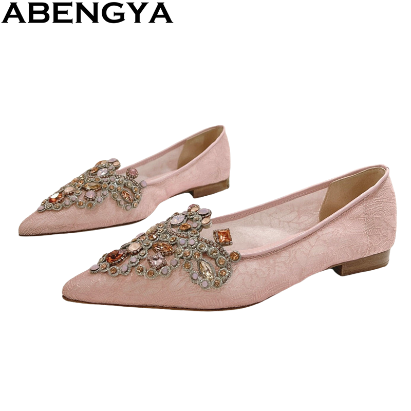 Slip On Mule Flat - ABENGYA Gem-setting Lace Pointy Toe Flat