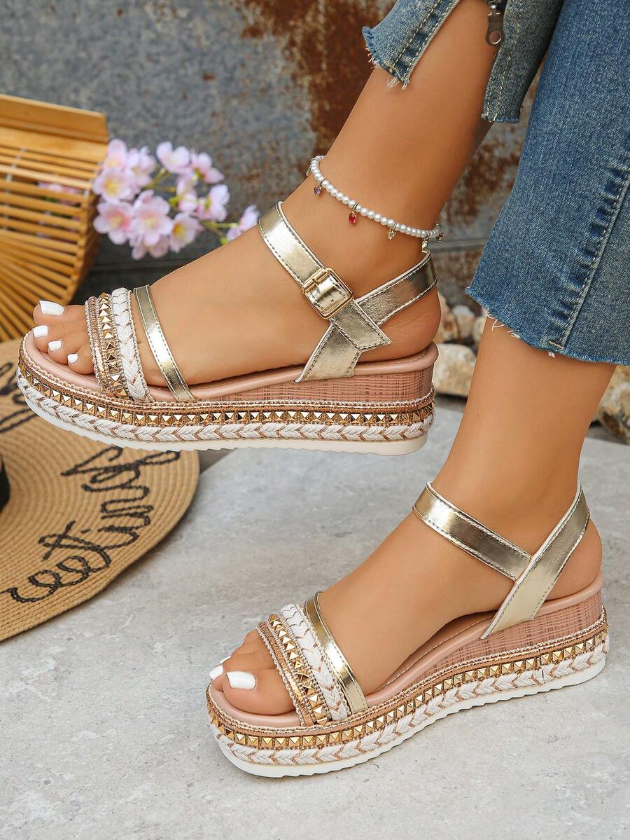 Orange Rivet Decor Ankle Strap - Cork Wedge Sandal recensie en prijs